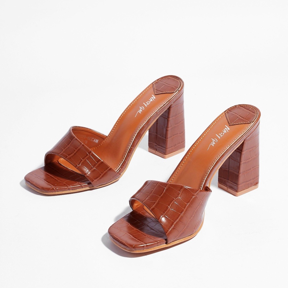 Nasty Gal Faux Leather Croc Asymmetric Heeled Mules